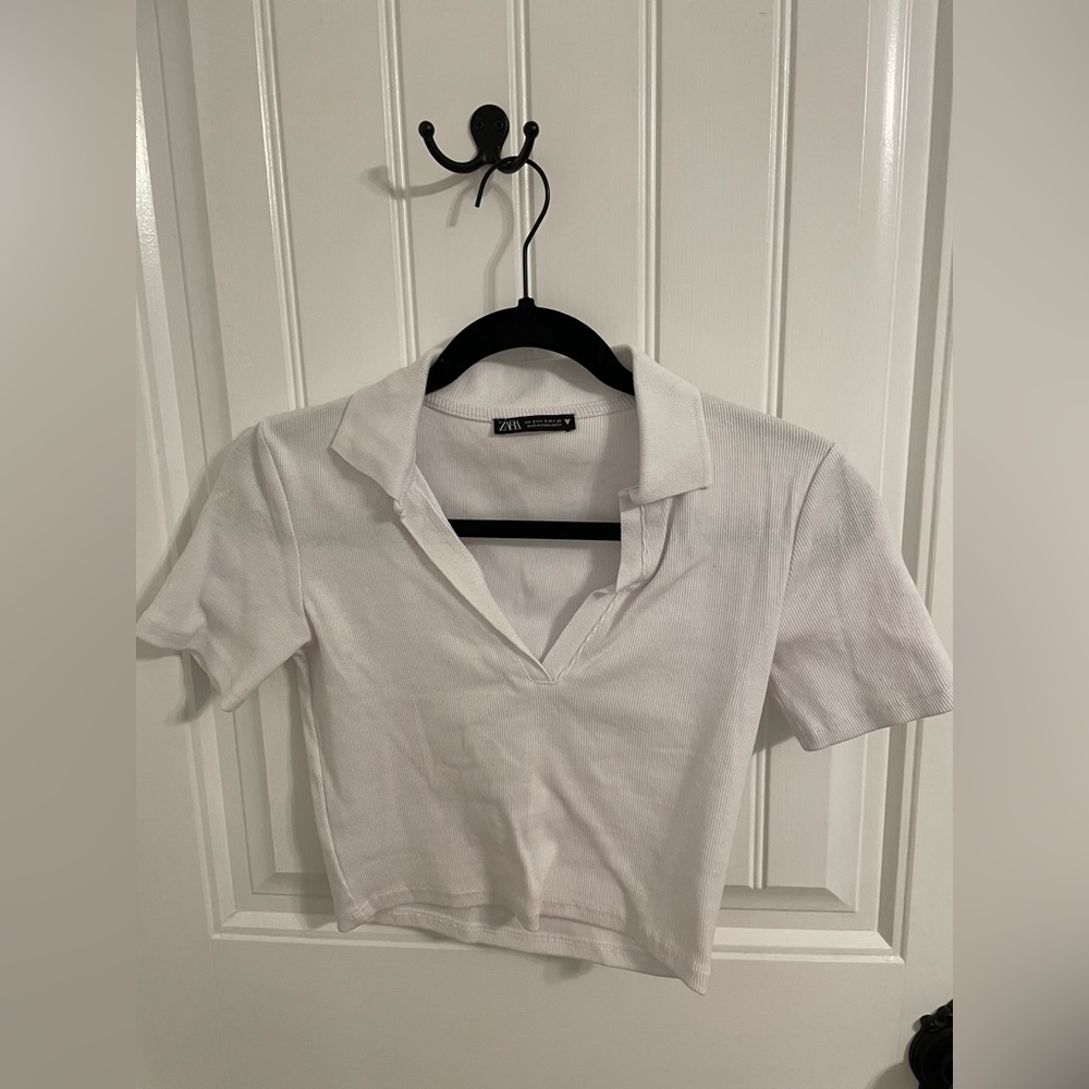Zara White Collared Polo Crop Top Size Small